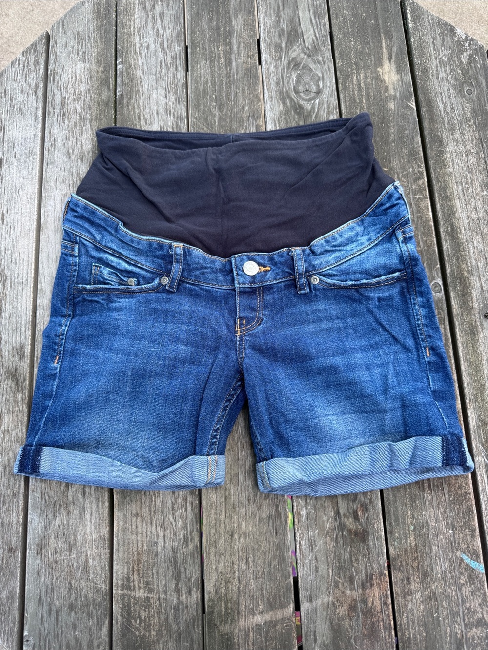 Maternity Denim Shorts with Black Maternity Panel - Dark Blue